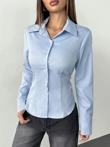 SHEIN PETITE 1件女款純色鈕扣前襟長袖休閒襯衫 - 淺藍色 - 查看 7