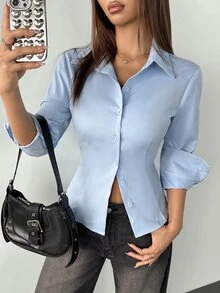 SHEIN PETITE 1件女款純色鈕扣前襟長袖休閒襯衫 - 淺藍色 - 查看 9