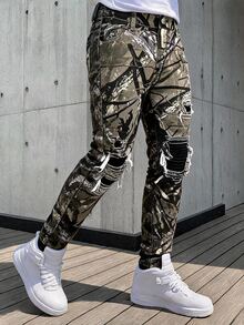 EGENSIO 男士樹枝圖案口袋水洗做舊休閒牛仔褲 - 軍綠色 - 查看 4