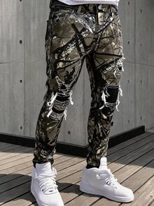 EGENSIO 男士樹枝圖案口袋水洗做舊休閒牛仔褲 - 軍綠色 - 查看 3