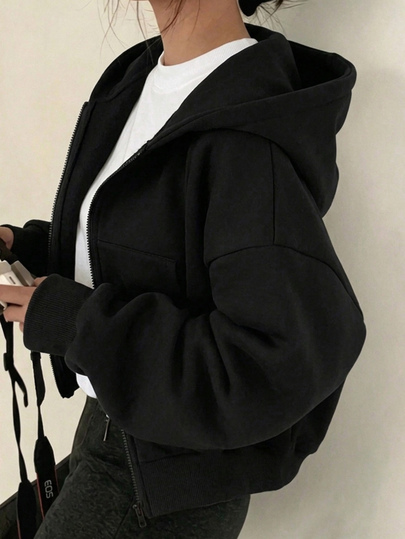 Teen Girl Long Sleeve Fleece Lined Solid Color Black Jacket Halloween Autumn Fall Style