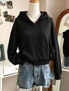 SHEIN Sparklyn Teen Girl Long Sleeve Fleece Lined Solid Color Black Jacket Halloween Winter Style Work Streetwear Baggy Baggy - Grey - View 9