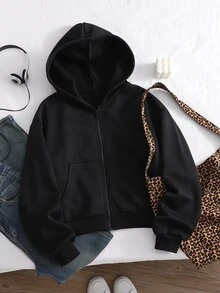 SHEIN Sparklyn Teen Girl Long Sleeve Fleece Lined Solid Color Black Jacket Halloween Winter Style Work Streetwear Baggy Baggy - Grey - View 7