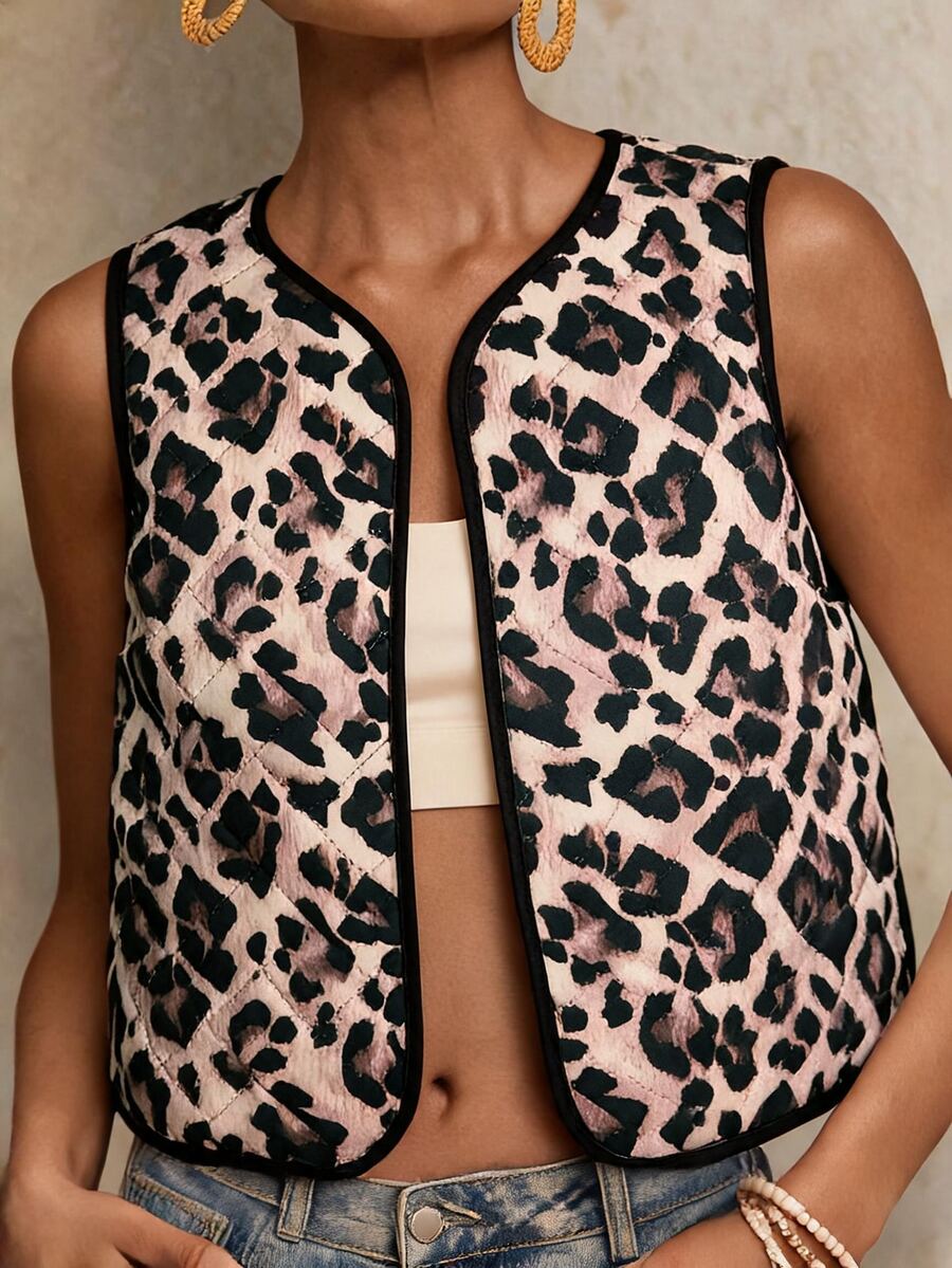 Travachic Fashion Casual Leopard Print Sleeveless Lightweight Jacket,Fall Winter 2026,Quilted Jacket - Brown - View 1