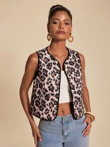 Travachic Fashion Casual Leopard Print Sleeveless Lightweight Jacket,Fall Winter 2026,Quilted Jacket - Brown - View 5