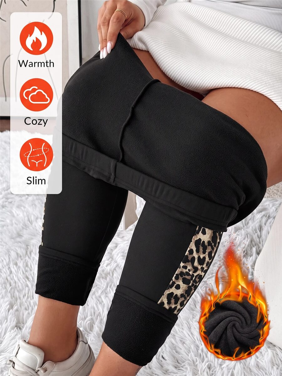 SHEIN LUNE Plus Size Leopard Print Patchwork Thermal Lined Leggings Winter