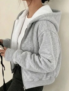 SHEIN Girls' Solid Color Fashion Casual Open Front Jacket, Autumn/Winter, Comfortable Fleece Lined Sweatshirt Fabric, Dropped Shoulder Cut Design, Youthful And Energetic Style For Daily Outdoor Wear - Grey - View 1
