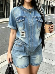 Resyla Women's Loose-Fit Short-Sleeve Crew-Neck Two-Piece Set - A Retro-Chic Outfit Perfect For Casual Summer Street Style - Multicolor - View 1
