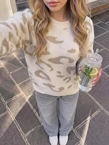 兒童青少年女孩寬鬆落肩休閒豹紋針織毛衣，秋冬長袖套頭上衣，返校穿搭 - 杏色 - 查看 7