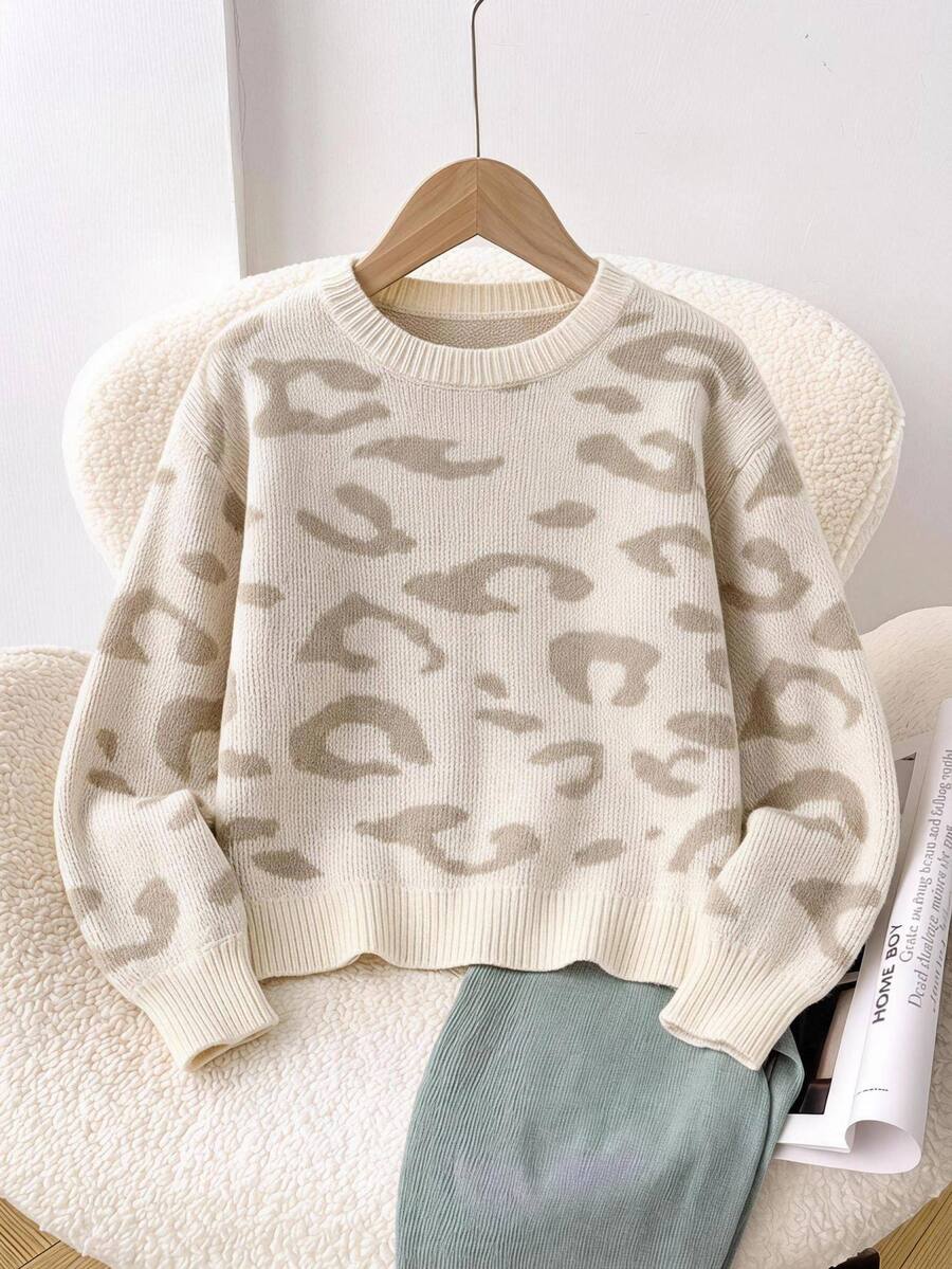 Kids Tween Girl Loose Drop Tween Girl Shoulder Casual Leopard Pattern Sweater, Autumn/Winter Long Sleeve Knit Pullover Top, Back To School