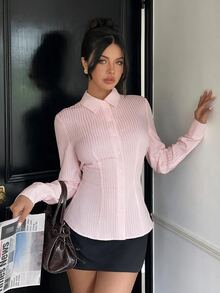 SHEIN EZwear 女款純色休閒百搭日常長袖襯衫 - 粉色 - 查看 3