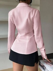 SHEIN EZwear 女款純色休閒百搭日常長袖襯衫 - 粉色 - 查看 2