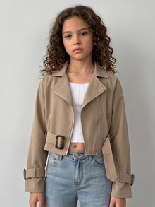 SHEIN 青少年女孩寬鬆休閒極簡舒適收腰優雅短版時尚秋冬外套 - 卡其色 - 查看 9