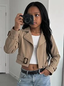 SHEIN 青少年女孩寬鬆休閒極簡舒適收腰優雅短版時尚秋冬外套 - 卡其色 - 查看 1