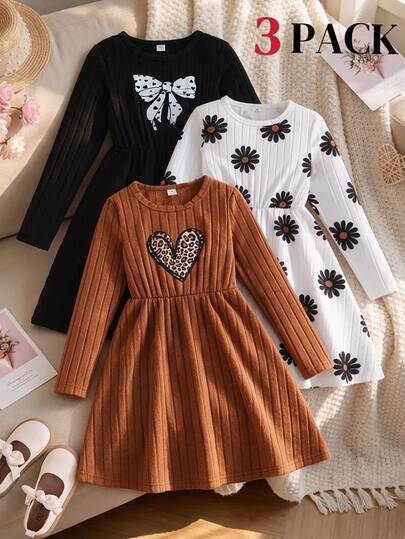 SHEIN Tween Girls Dress, 3pcs Brown, Slim Fit, Daily Wear, Fashionable Versatile, Elegant, Floral, Ruffle, Party, Print, Collar, Autumn, Sweet