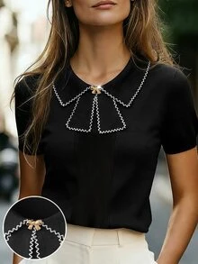 SHEIN 女士春夏简约日常翻领短袖优雅黑白撞色蝴蝶结修身套头针织衫，夏季上衣，女士春季款，优雅女士上衣，夏季度假款，女士休闲款，黑色上衣，适合嘉年华、派对、海滩、婚礼、健身房、优雅、度假、休闲、毕业季穿着，时尚休闲通勤装，商务办公装，百搭时尚日常休闲装，都市教师职业装 - 黑與白 - 查看 4
