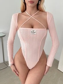 SHEIN ICON Women's Cross Strap Halter Solid Color Long Sleeve Bodysuit With Decorative Patch - Pink - View 4