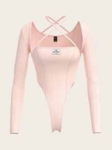 SHEIN ICON Women's Cross Strap Halter Solid Color Long Sleeve Bodysuit With Decorative Patch - Pink - View 6