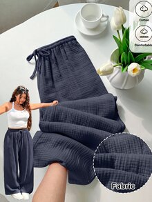 GalTyme 深灰色大尺碼女款腰部綁帶休閒寬腿褲 - 深灰色 - 查看 1