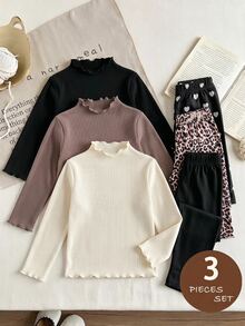SHEIN LMoss Kids Young Girls 3pcs/Set Young Girls Casual All-Match Versatile Ribbed Trim Mock Neck Tee Knit Ruffle Collar Fitted T-Shirt Set Autumn/Winter Back-To-School Black - Multicolor - View 1