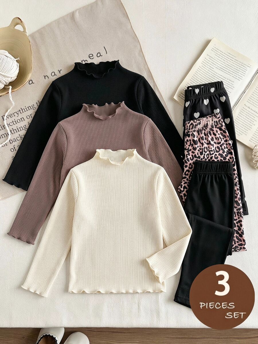 SHEIN LMoss Kids Young Girls 3pcs/Set Young Girls Casual All-Match Versatile Ribbed Trim Mock Neck Tee Knit Ruffle Collar Fitted T-Shirt Set Autumn/Winter Back-To-School Black - Multicolor - View 1