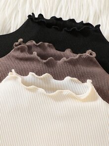 SHEIN LMoss Kids Young Girls 3pcs/Set Young Girls Casual All-Match Versatile Ribbed Trim Mock Neck Tee Knit Ruffle Collar Fitted T-Shirt Set Autumn/Winter Back-To-School Black - Multicolor - View 3