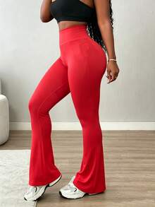 BamGleam Women's Solid Color High Waist Flare Leg Sports Pants - Red - View 3