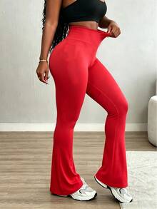 BamGleam Women's Solid Color High Waist Flare Leg Sports Pants - Red - View 5