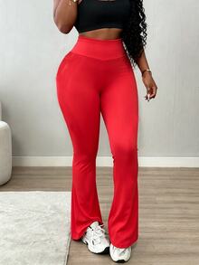 BamGleam Women's Solid Color High Waist Flare Leg Sports Pants - Red - View 4