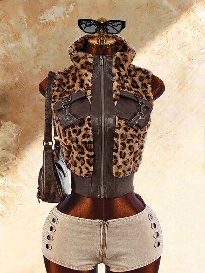Amplova Women's Leopard Print Patchwork PU Vest Padded Coat