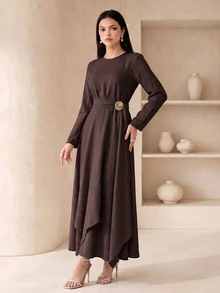 Veilorie Women's Solid Color Round Neck Long Sleeve Asymmetric Hem Elegant Arabian Dress - Coffee Brown - View 6