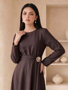 Veilorie Women's Solid Color Round Neck Long Sleeve Asymmetric Hem Elegant Arabian Dress - Coffee Brown - View 5