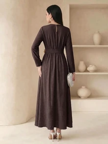 Veilorie Women's Solid Color Round Neck Long Sleeve Asymmetric Hem Elegant Arabian Dress - Coffee Brown - View 2