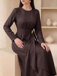 Veilorie Women's Solid Color Round Neck Long Sleeve Asymmetric Hem Elegant Arabian Dress - Coffee Brown - View 7