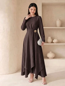 Veilorie Women's Solid Color Round Neck Long Sleeve Asymmetric Hem Elegant Arabian Dress - Coffee Brown - View 1