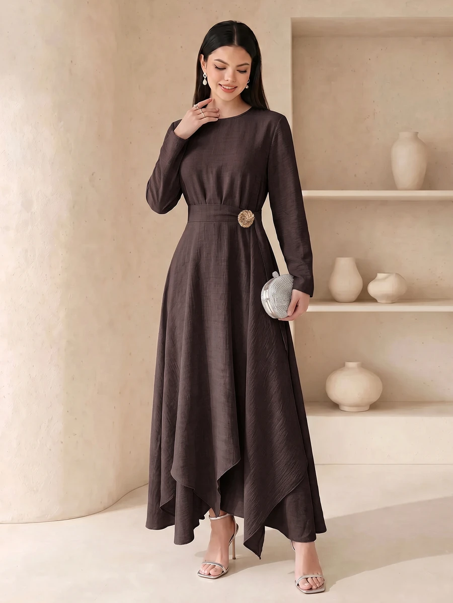 Veilorie Women's Solid Color Round Neck Long Sleeve Asymmetric Hem Elegant Arabian Dress - Coffee Brown - View 1