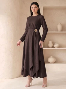 Veilorie Women's Solid Color Round Neck Long Sleeve Asymmetric Hem Elegant Arabian Dress - Coffee Brown - View 3