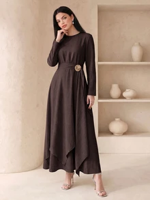 Veilorie Women's Solid Color Round Neck Long Sleeve Asymmetric Hem Elegant Arabian Dress - Coffee Brown - View 8