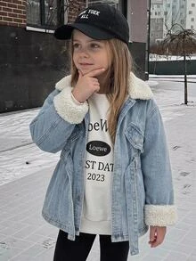 SHEIN Young Girl Young Girl Fall/Winter Warm Fleece Lined Blue Denim Collar Long Jacket With Waist Belt, For Young Girls School Clothes, Warm Jacket, Christmas - Medium Wash - View 3