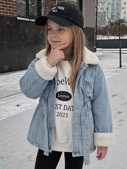 SHEIN Young Girl Young Girl Young Girl Fall/Winter Warm Fleece Lined Blue Collar Long Jacket With Waist , For Young Girls School Clothes, Warm Jacket, Christmas