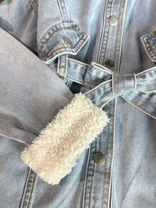 SHEIN Young Girl Young Girl Fall/Winter Warm Fleece Lined Blue Denim Collar Long Jacket With Waist Belt, For Young Girls School Clothes, Warm Jacket, Christmas - Medium Wash - View 10