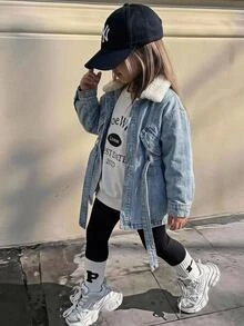 SHEIN Young Girl Young Girl Fall/Winter Warm Fleece Lined Blue Denim Collar Long Jacket With Waist Belt, For Young Girls School Clothes, Warm Jacket, Christmas - Medium Wash - View 2