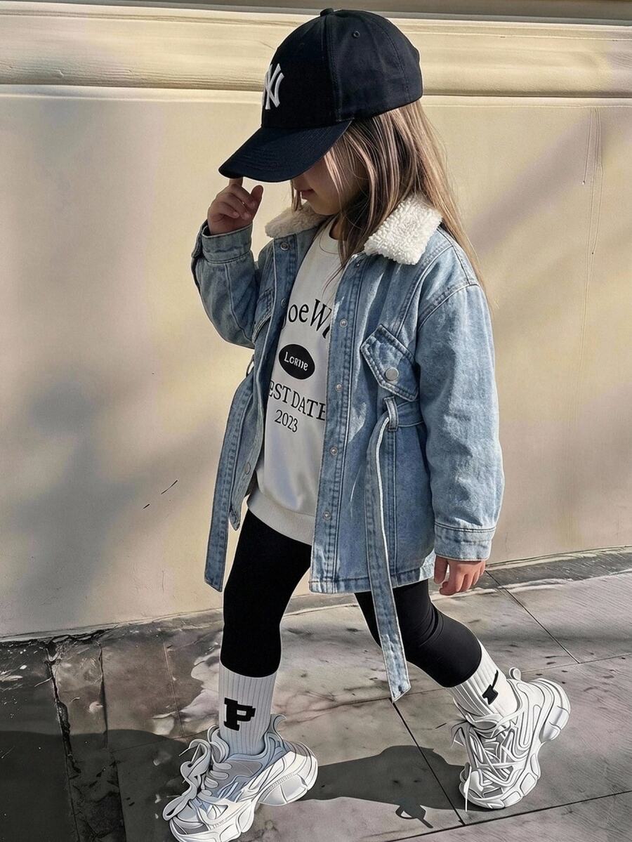 SHEIN Young Girl Young Girl Fall/Winter Warm Fleece Lined Blue Denim Collar Long Jacket With Waist Belt, For Young Girls School Clothes, Warm Jacket, Christmas