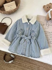 SHEIN Young Girl Young Girl Fall/Winter Warm Fleece Lined Blue Denim Collar Long Jacket With Waist Belt, For Young Girls School Clothes, Warm Jacket, Christmas - Medium Wash - View 11