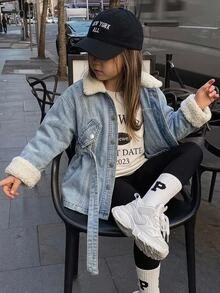 SHEIN Young Girl Young Girl Fall/Winter Warm Fleece Lined Blue Denim Collar Long Jacket With Waist Belt, For Young Girls School Clothes, Warm Jacket, Christmas - Medium Wash - View 6