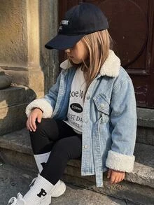 SHEIN Young Girl Young Girl Fall/Winter Warm Fleece Lined Blue Denim Collar Long Jacket With Waist Belt, For Young Girls School Clothes, Warm Jacket, Christmas - Medium Wash - View 5