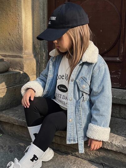 SHEIN Young Girl Young Girl Young Girl Fall/Winter Warm Fleece Lined Blue Collar Long Jacket With Waist , For Young Girls School Clothes, Warm Jacket, Christmas