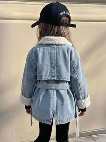 SHEIN Young Girl Young Girl Fall/Winter Warm Fleece Lined Blue Denim Collar Long Jacket With Waist Belt, For Young Girls School Clothes, Warm Jacket, Christmas - Medium Wash - View 4