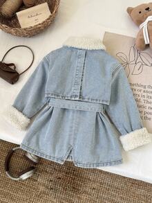 SHEIN Young Girl Young Girl Fall/Winter Warm Fleece Lined Blue Denim Collar Long Jacket With Waist Belt, For Young Girls School Clothes, Warm Jacket, Christmas - Medium Wash - View 12
