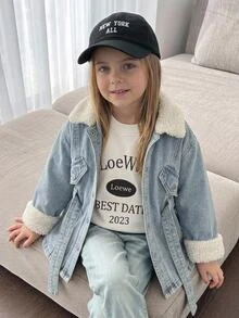 SHEIN Young Girl Young Girl Fall/Winter Warm Fleece Lined Blue Denim Collar Long Jacket With Waist Belt, For Young Girls School Clothes, Warm Jacket, Christmas - Medium Wash - View 8